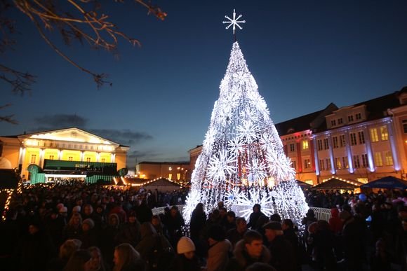 Šeštadienio vakarą Vilniuje šimtais švieselių sužibo Kalėdų eglės Rotušės ir Katedros aikštėse. 