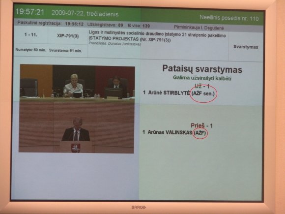 Seimo posėdžių salėje esančiuose ekranuose rodoma „Ąžuolo“ frakcijos santrumpa – su klaida.