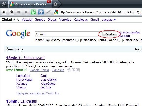 Google paieškos svetainė.