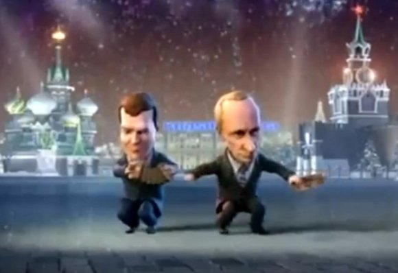 Karikatūriniai V.Putinas ir D.Medvedevas.