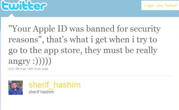 Sherif Hashim apie užblokuotą „Apple ID“ pranešė savo „Twitter“ sraute.