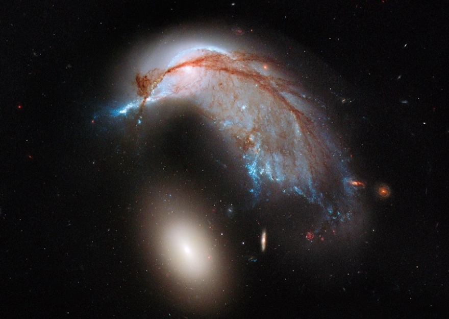 Kosmoso platybėse neprasilenkė spiralinė galaktika „NGC 2936“ ir jos elipsinė kompanionė „NGC 2937“ (šviesi sritis apačioje)