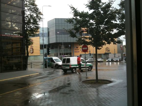 Policijos automobilis važiuoja per „plytą“